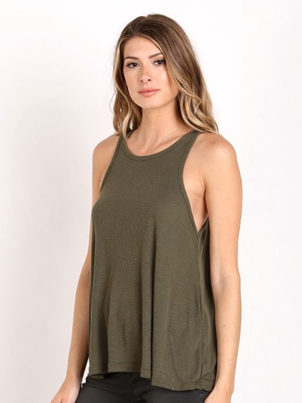 Free People Long Beach Olive Green Ribbed Swing Tank